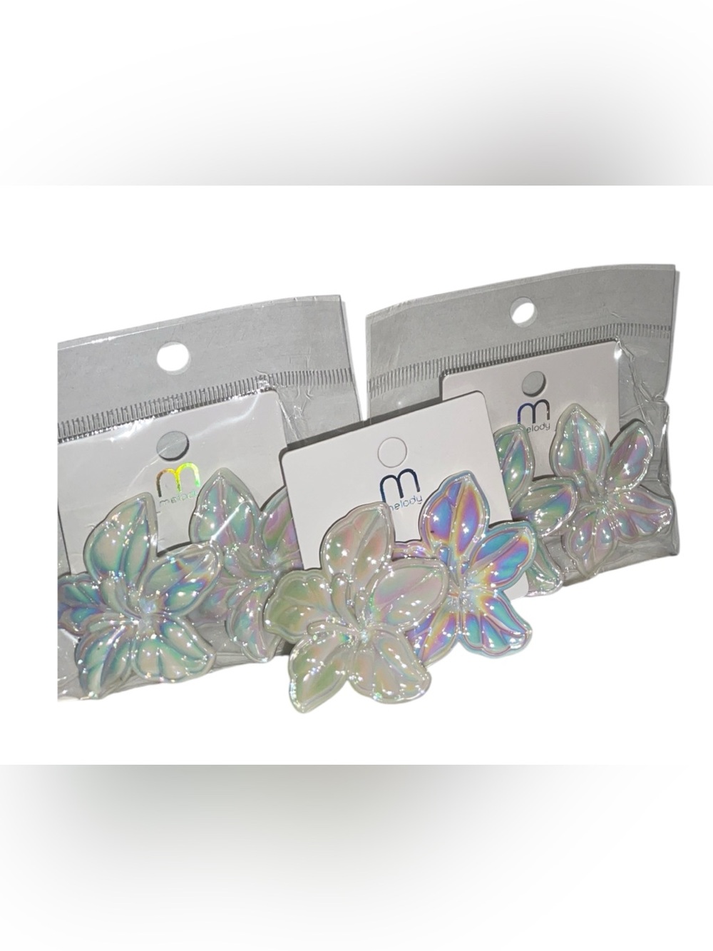 3D WHITE FLOWER IRIDESCENT PIERCED EARRINGS THREE PAIRS